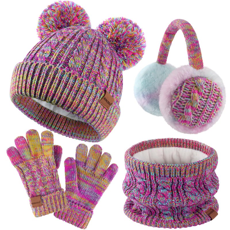HONGTEYA Kids Winter Hat Gloves Scarf Set (Rainbow Mix, 9-15 Years) - Image 1