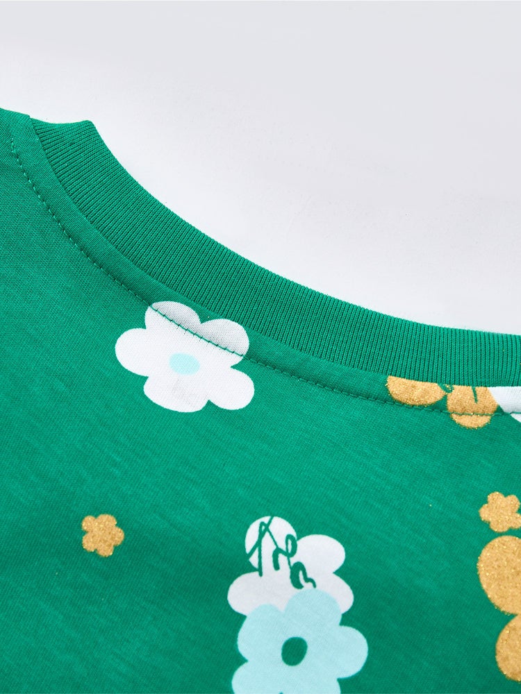 بالابالا فستان بأكمام قصيرة وقصّة فضفاضة - نقشات زهور مع طبقات كشكش من الأورجانزا وياقة دائرية للبنات - Image 3