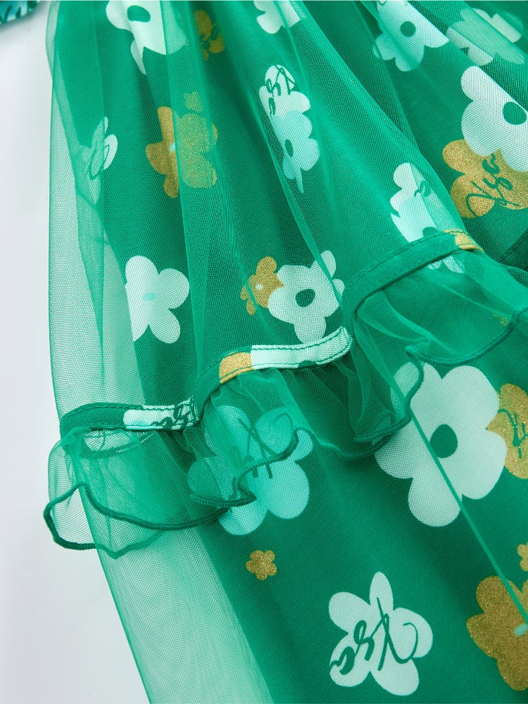 بالابالا فستان بأكمام قصيرة وقصّة فضفاضة - نقشات زهور مع طبقات كشكش من الأورجانزا وياقة دائرية للبنات - Image 5