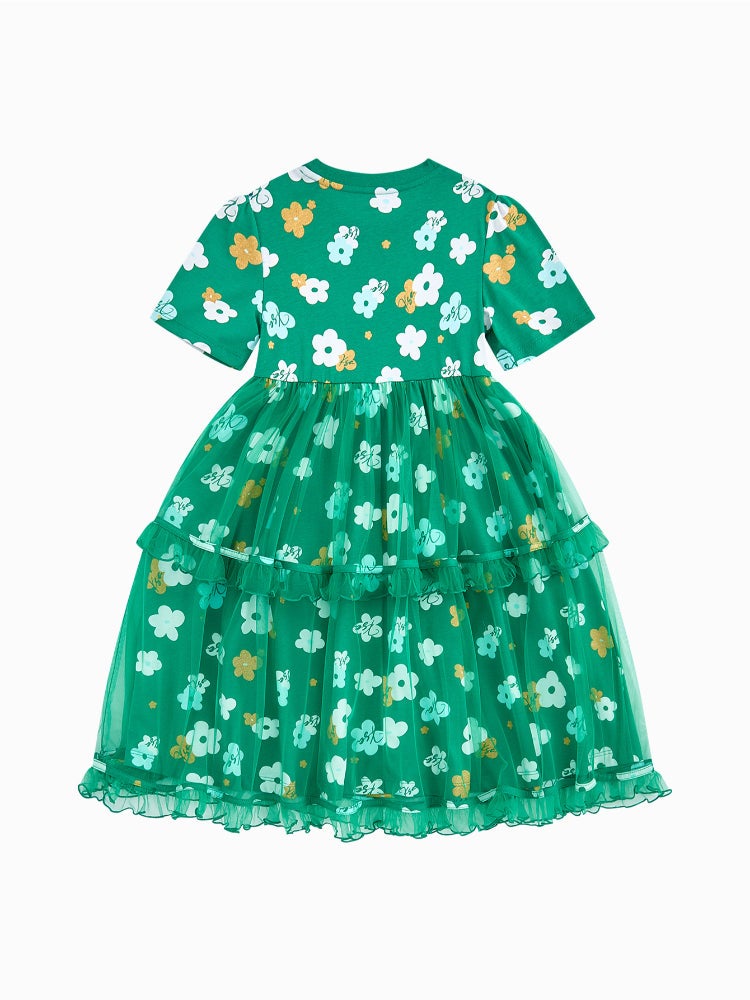 بالابالا فستان بأكمام قصيرة وقصّة فضفاضة - نقشات زهور مع طبقات كشكش من الأورجانزا وياقة دائرية للبنات - Image 2