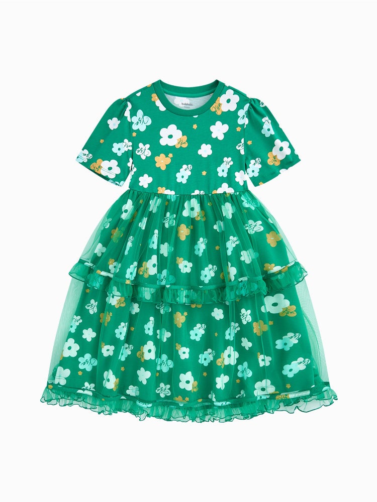 بالابالا فستان بأكمام قصيرة وقصّة فضفاضة - نقشات زهور مع طبقات كشكش من الأورجانزا وياقة دائرية للبنات - Image 1