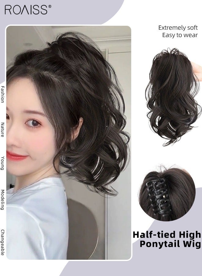 roaiss Short Wavy Ponytail Extensions Claw Clip Natural Ponytail Wig Hair Extension Synthetic Hairpiece for Women Girls Party Hairstyle Soft Daily Use 30CM - Brown Black - Image 1
