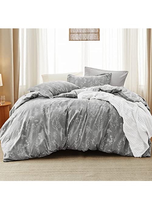 Bedsure Bedsure King Comforter Set  Grey Bed Set 3 Pieces Cute Floral Bedding 1 Soft Reversible Botanical Flowers Comforter and 2 Pillow Shams 