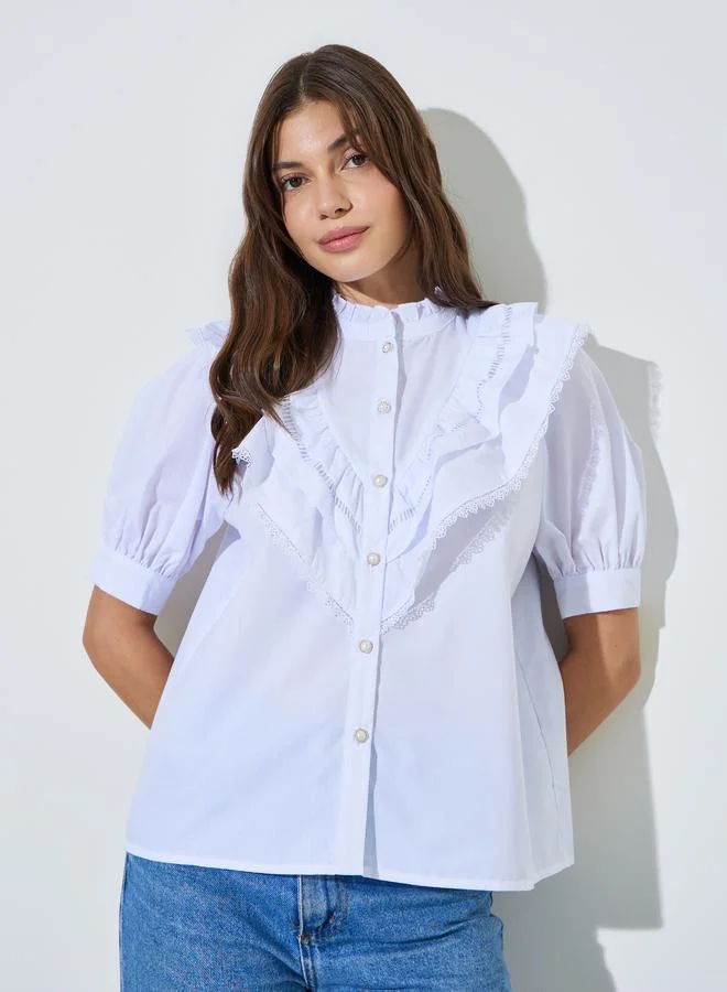 ستايلي White Ruffled Lace Trim Blouse