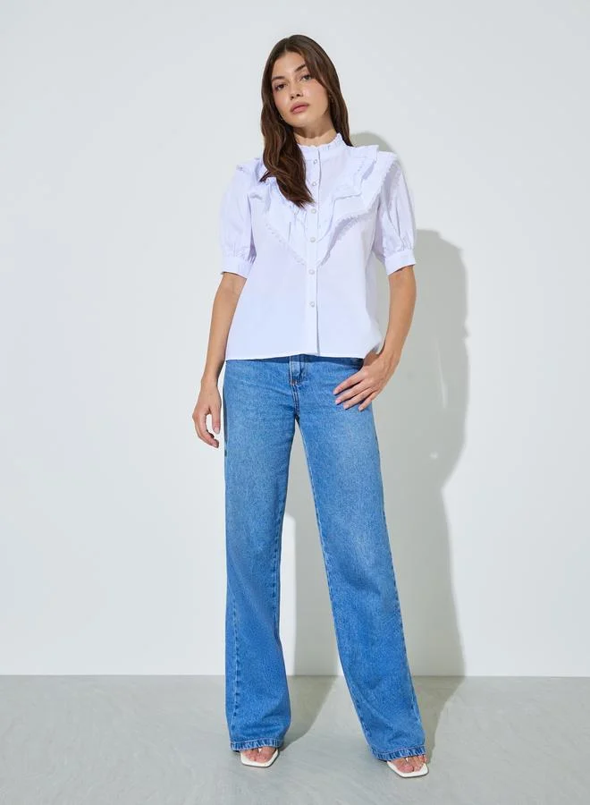 ستايلي White Ruffled Lace Trim Blouse