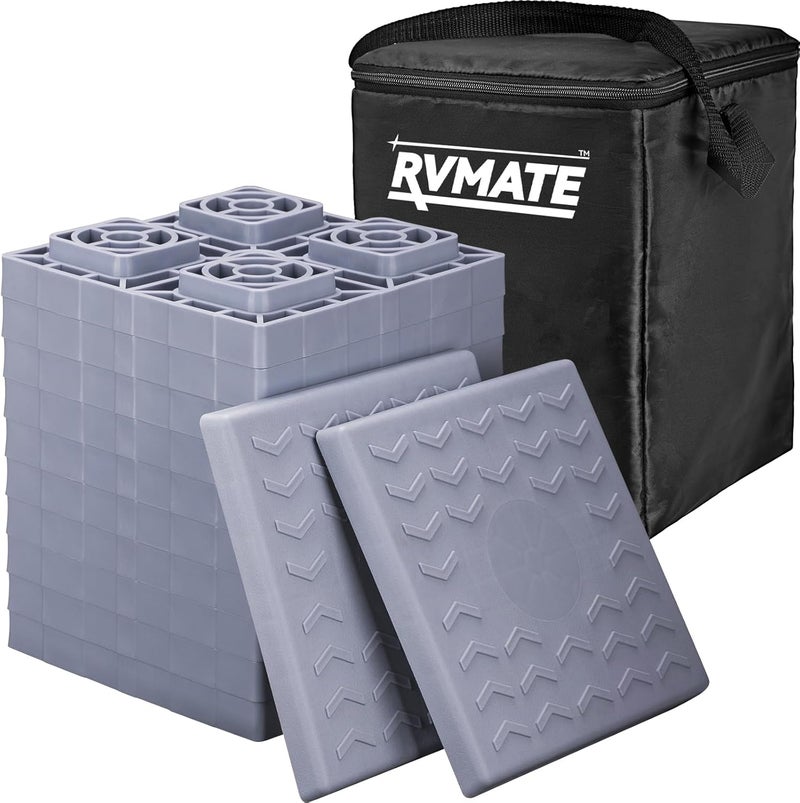 RVMATE RV Leveling Blocks 12 Pack, Heavy Duty Camper Leveling Blocks, Leveling Blocks for RVs, Reduce Trailer Movement, Trailer Leveling Blocks Great for Single and Dual Wheels, Grey - Image 1