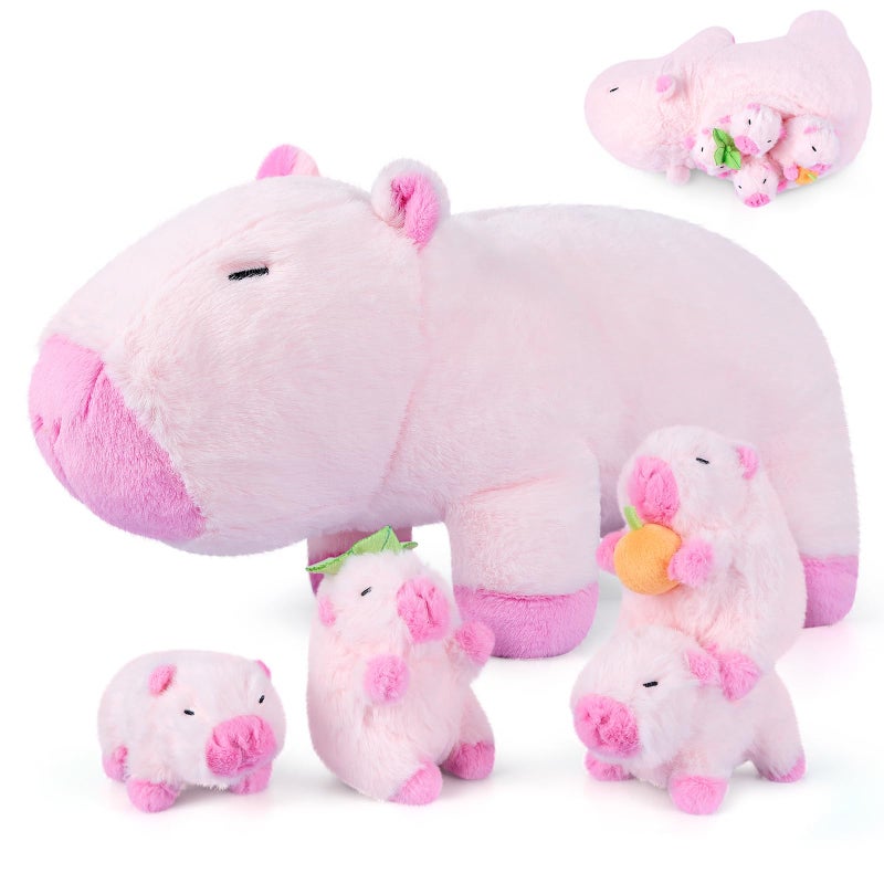 SuzziPals 5in1 Pink Capybara Plush with Babies Inside 5Pcs Set Capybara Stuffed Animal with Mommy 4 Babies Cute Plush Pillow Decor Cute 3 to 8 Year Old Girl Gift Imaginative Toy Capibara - Image 3