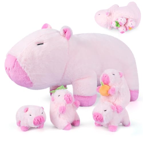 SuzziPals 5in1 Pink Capybara Plush with Babies Inside 5Pcs Set Capybara Stuffed Animal with Mommy 4 Babies Cute Plush Pillow Decor Cute 3 to 8 Year Old Girl Gift Imaginative Toy Capibara - Image 1