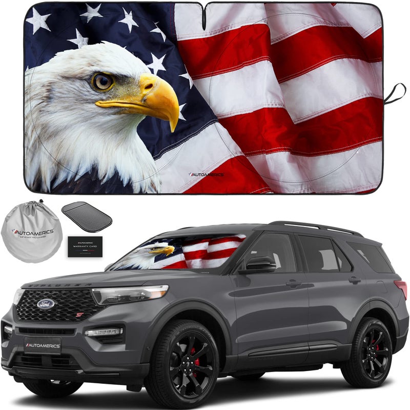 Autoamerics 1Piece Windshield Sun Shade American Eagle Flag 3 USA Patriotic Design Foldable Car Front Window Sunshade for Sedans SUV Truck Blocks Max UV Rays and Keeps Your Vehicle Cool Medium