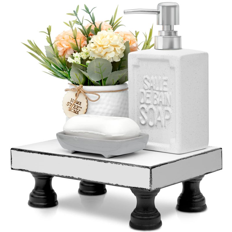 EOSAHR Decorative Wooden Riser for Display : Farmhouse Pedestal Stand for Retro Home Decor and Soap holder for Sink - The Rustic Tray Decor Riser for Kitchen & Bathroom (Black and White) - Image 1