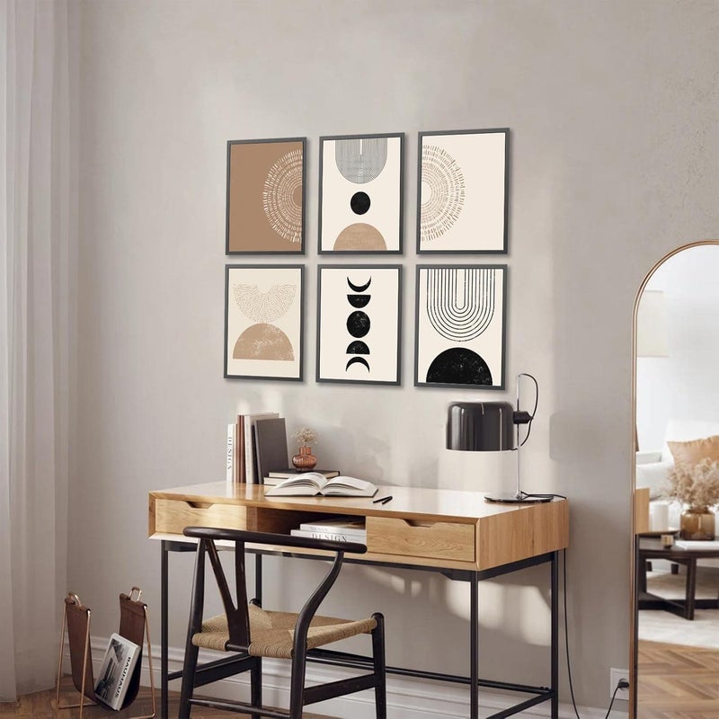 KBKBART مجموعة من 6 مطبوعات فنية جدارية تجريدية بأسلوب بوهيمي، فن جدار هندسي بسيط بالألوان الأسود والبني والبيج، لوحات قماشية، مطبوعات حديثة بأسلوب منتصف القرن لجدران غرف النوم والمعيشة - Image 5