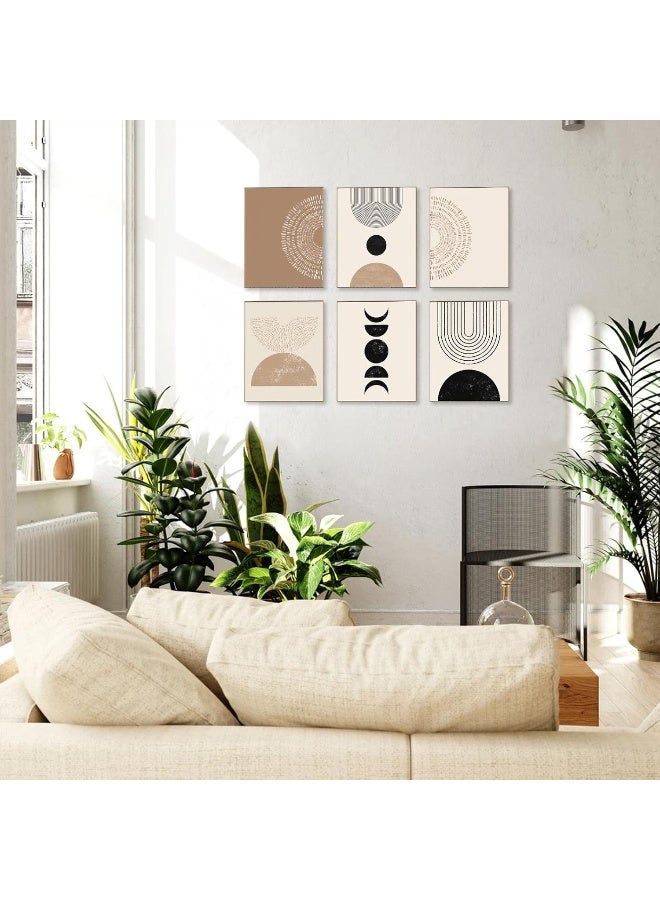 KBKBART مجموعة من 6 مطبوعات فنية جدارية تجريدية بأسلوب بوهيمي، فن جدار هندسي بسيط بالألوان الأسود والبني والبيج، لوحات قماشية، مطبوعات حديثة بأسلوب منتصف القرن لجدران غرف النوم والمعيشة - Image 3