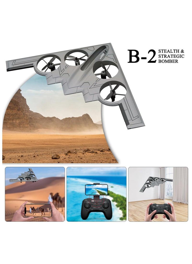 4CH RC Airplane Remote Control Drone with HD Camera – B-2 Spirit Stealth Bomber Stunt Plane, 2.4Ghz Foam Aircraft Toy for Kids & Adults, Easy Fly, Headless Mode, 360° Flips, Real-Time Aerial Photography, Durable EPP Foam, LED Lights, Ready-to-Fly Gift