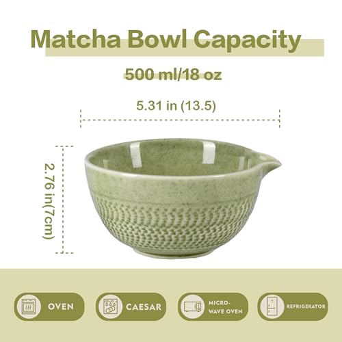 CAMATET Matcha Bowl with Spout, 500 ml/18 oz Ceramic Matcha Mixing Bowl, Japanese Ceremonial Matcha Chawan for Matcha Powder/Salad/Fruit/Soup/Tea - Matcha Green - Image 4