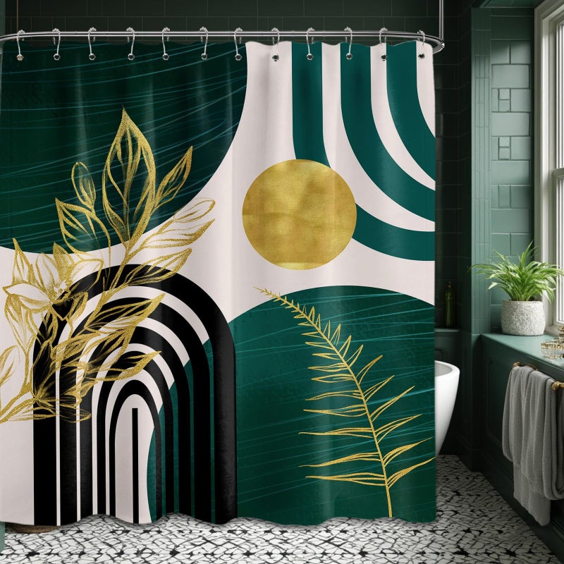 QGHOT Dark Green Shower Curtain Boho Mid Century Modern Emerald Hunter Green and Gold Shower Curtains for Bathroom Decor, Waterproof Cloth Fabric with Hooks, 70" W x 72" L - Image 1