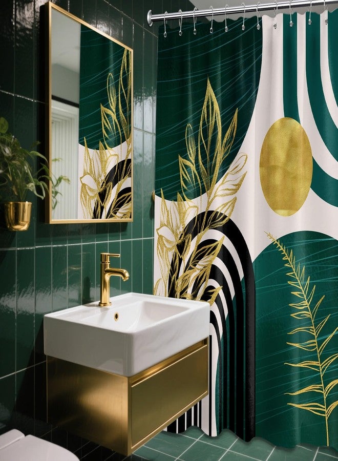 QGHOT Dark Green Shower Curtain Boho Mid Century Modern Emerald Hunter Green and Gold Shower Curtains for Bathroom Decor, Waterproof Cloth Fabric with Hooks, 70" W x 72" L - Image 2