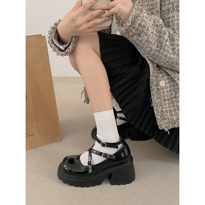 All-Match Black Thick-Soled Leather Shoes Women'S Coarse Heel Shallow French Mary Jane Shoes - Image 5