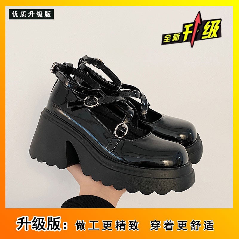 All-Match Black Thick-Soled Leather Shoes Women'S Coarse Heel Shallow French Mary Jane Shoes - Image 1