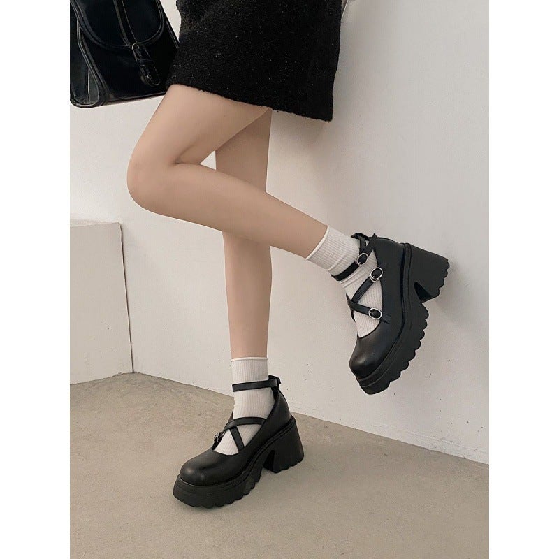 All-Match Black Thick-Soled Leather Shoes Women'S Coarse Heel Shallow French Mary Jane Shoes - Image 4