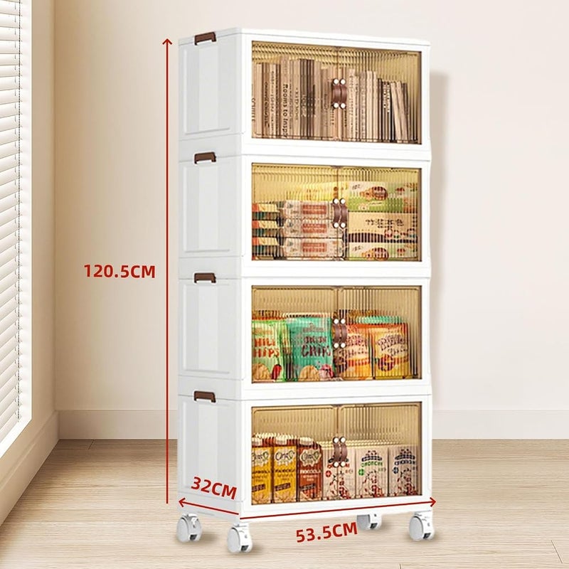 Bentifar 4-Tier Stackable Storage Bins with Wheels, Plastic Storage Cabinet with Clear Doors for Kitchen Pantry, Rolling Organizer Shelves for Snacks, Clothes, Toys and Office Supplies - Image 2