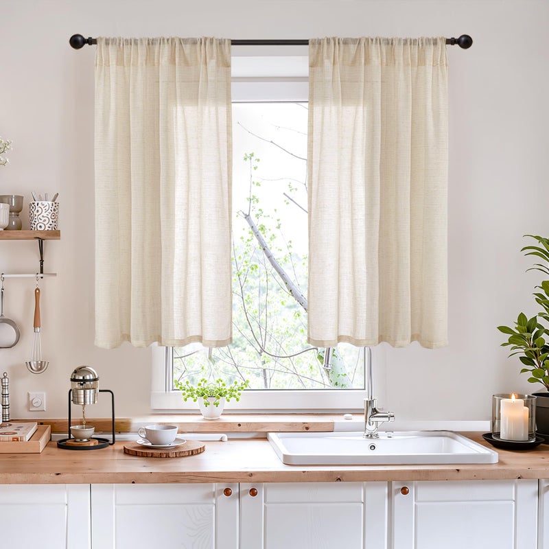 BGment 40 Inch Length Burlap Linen Curtains for Kitchen Window - Short Semi Sheer Drapes Natural Light Filtering with Rod Pocket for Cafe Bathroom Bedroom Lightweight, 2 Panels Set, 42 X 40 Inch - Image 2