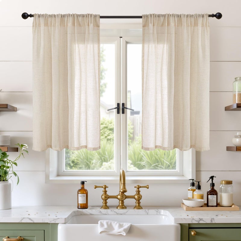 BGment 40 Inch Length Burlap Linen Curtains for Kitchen Window - Short Semi Sheer Drapes Natural Light Filtering with Rod Pocket for Cafe Bathroom Bedroom Lightweight, 2 Panels Set, 42 X 40 Inch - Image 1