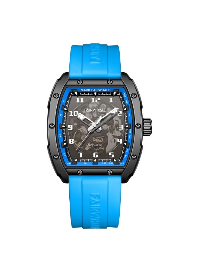 Mark Fairwhale Men's Barrel-Shaped Automatic Mechanical Watch - Water Resistant, Luxury Design, Blue Dial & Blue Silicone Strap