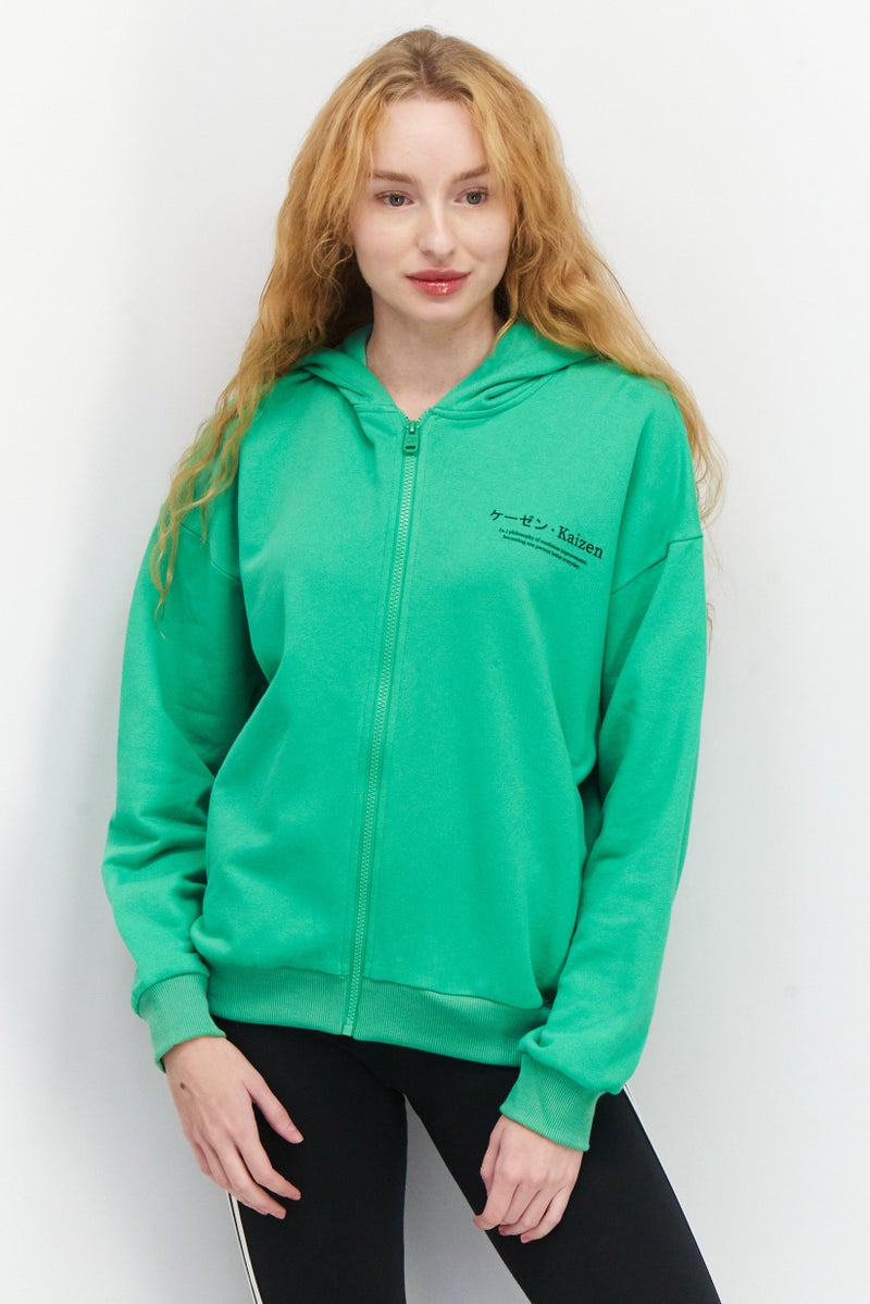 Ocean Pacific Women Hooded Neck Graphic Full Zip Sweatshirt, Island Green - Image 1