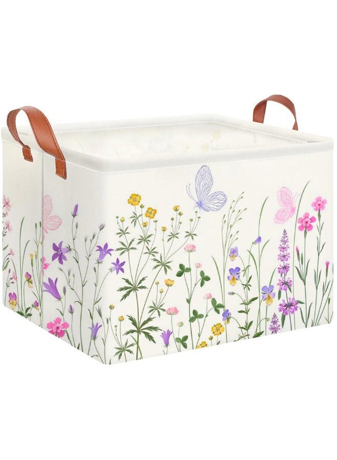 CLOCOR Rectangular Storage Basket Empty,Gift Basket for Kids,Waterproof Toy Bin with Handles,Room Decor(Flower) - Image 1