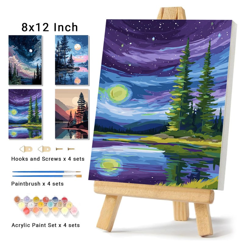 Banket 4 Pack Framed Paint By Numbers Kit for Adults Beginner Starry Night Adult Paint By Number Kits on Canvas Landscape Painting By Numbers for Adults with Frame Diy Painting Kits for Home Wall Art 8x12 In - Image 2
