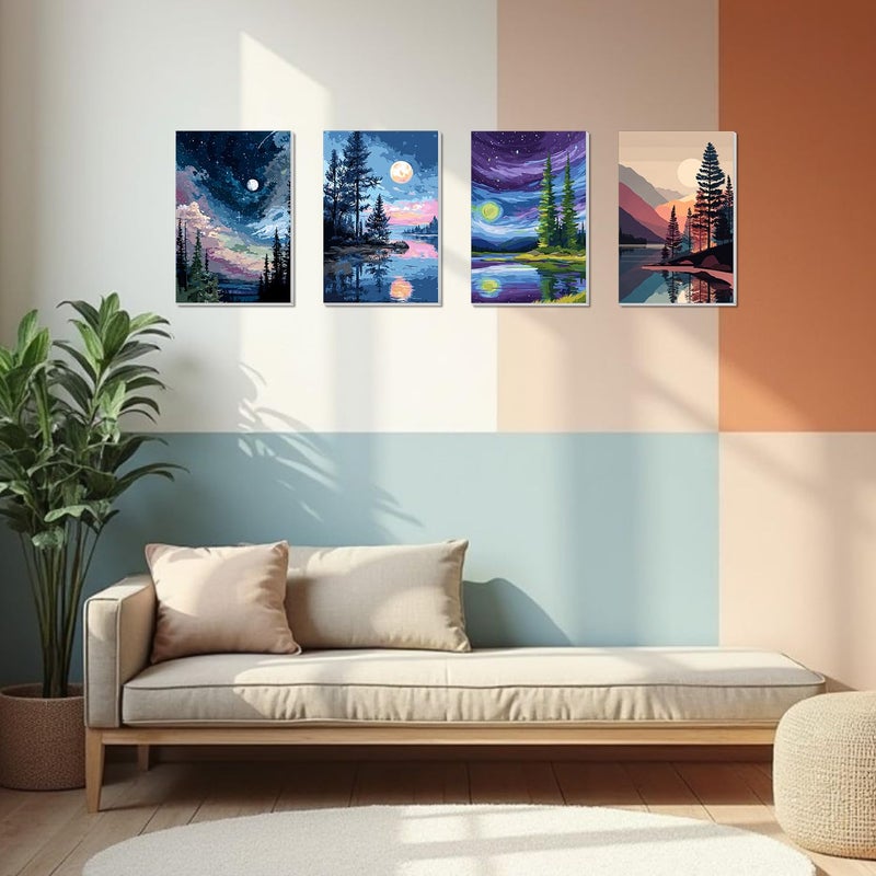 Banket 4 Pack Framed Paint By Numbers Kit for Adults Beginner Starry Night Adult Paint By Number Kits on Canvas Landscape Painting By Numbers for Adults with Frame Diy Painting Kits for Home Wall Art 8x12 In - Image 4