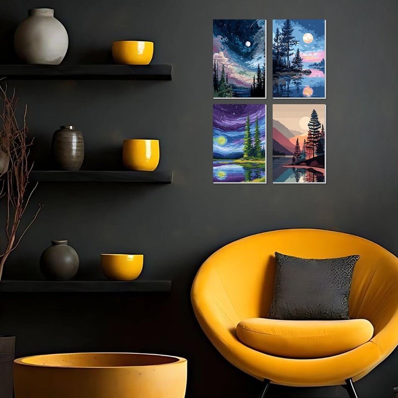 Banket 4 Pack Framed Paint By Numbers Kit for Adults Beginner Starry Night Adult Paint By Number Kits on Canvas Landscape Painting By Numbers for Adults with Frame Diy Painting Kits for Home Wall Art 8x12 In - Image 3