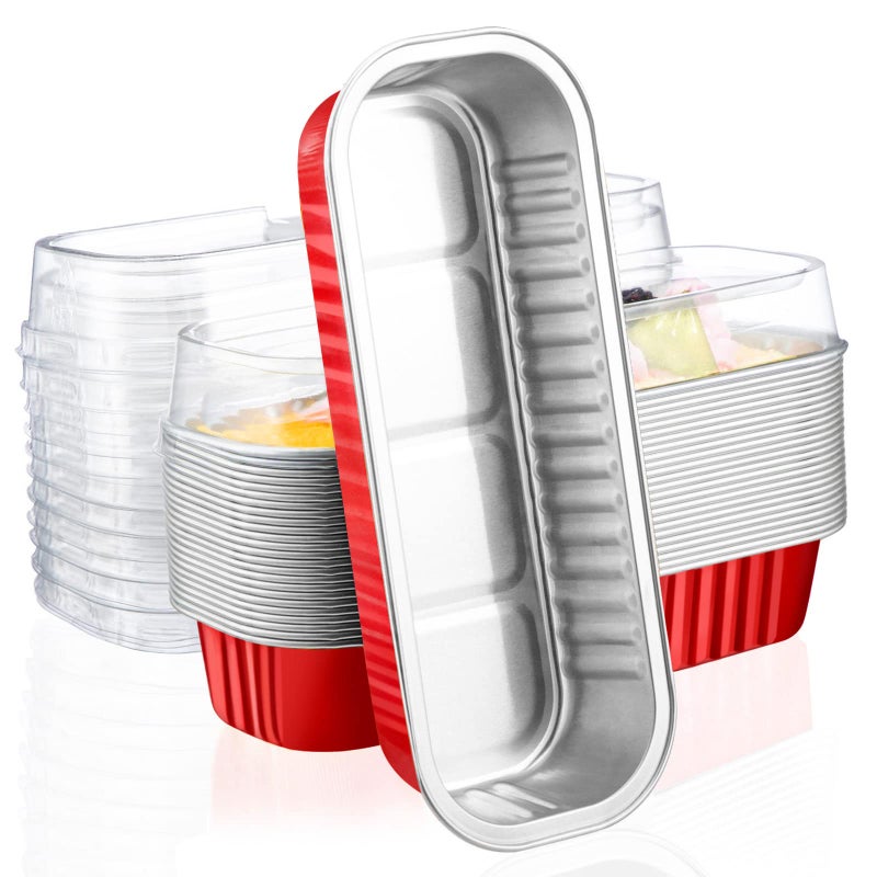EUSOAR Disposable Ramekins with Lids 50pcs 68oz 65x25x12 Aluminum Foil Baking Cups Mini Loaf Pan TinRectangle Cupcake Containers Wrappers Dessert Cheesecake Creme Brulee Ramekins Pan
