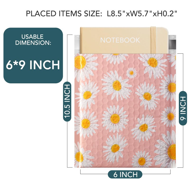 Metronic Bubble Mailers 6x10 Inch 100 Pack Pink Bubble Mailer Usable Size 6x9 Self-Seal Adhesion Padded Envelopes Pretty Padded Mailers for Jewelry, Makeup, Cards, Fancy Daisies - Image 2