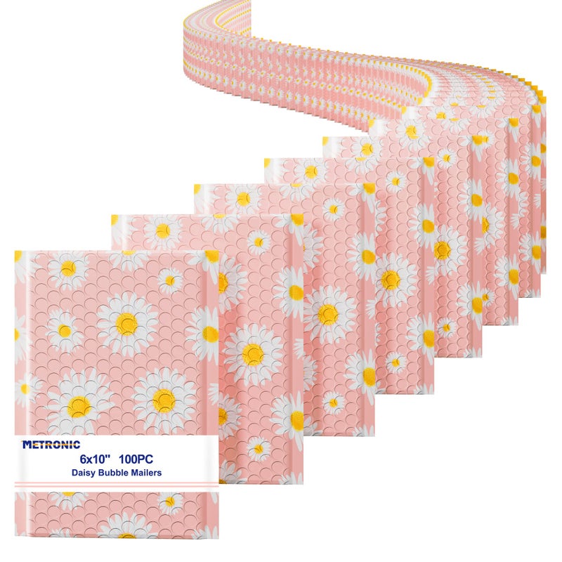 Metronic Bubble Mailers 6x10 Inch 100 Pack Pink Bubble Mailer Usable Size 6x9 Self-Seal Adhesion Padded Envelopes Pretty Padded Mailers for Jewelry, Makeup, Cards, Fancy Daisies - Image 1