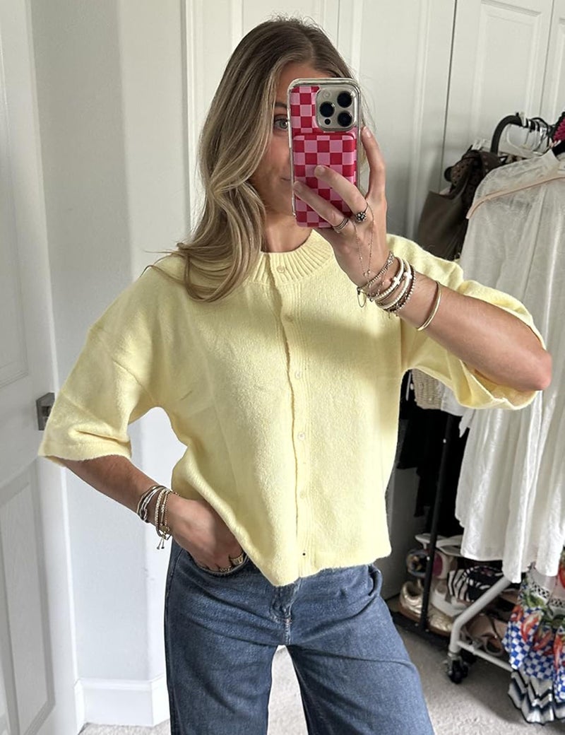 Springrain Cardigan Sweaters for Women Lightweight Knit Cropped Cardigan Button Up Solid Knitwear(Yellow-L) - Image 2