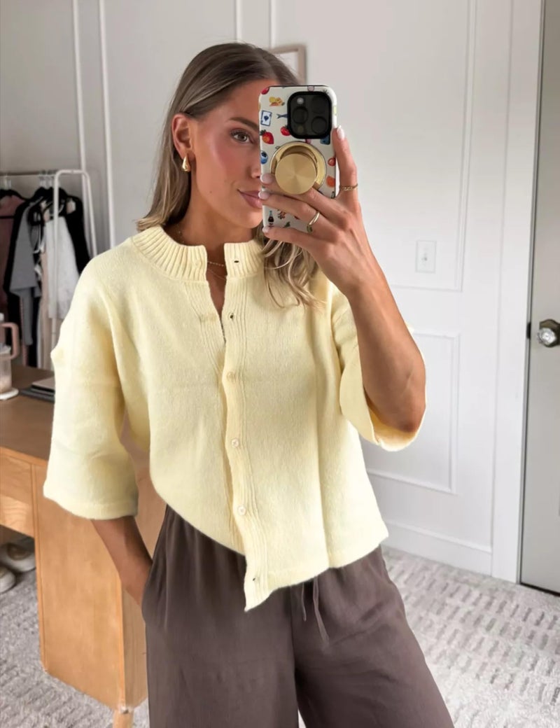 Springrain Cardigan Sweaters for Women Lightweight Knit Cropped Cardigan Button Up Solid Knitwear(Yellow-L) - Image 3