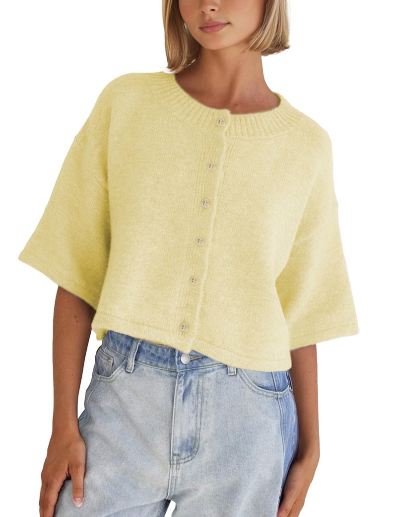 Springrain Cardigan Sweaters for Women Lightweight Knit Cropped Cardigan Button Up Solid Knitwear(Yellow-L) - Image 1