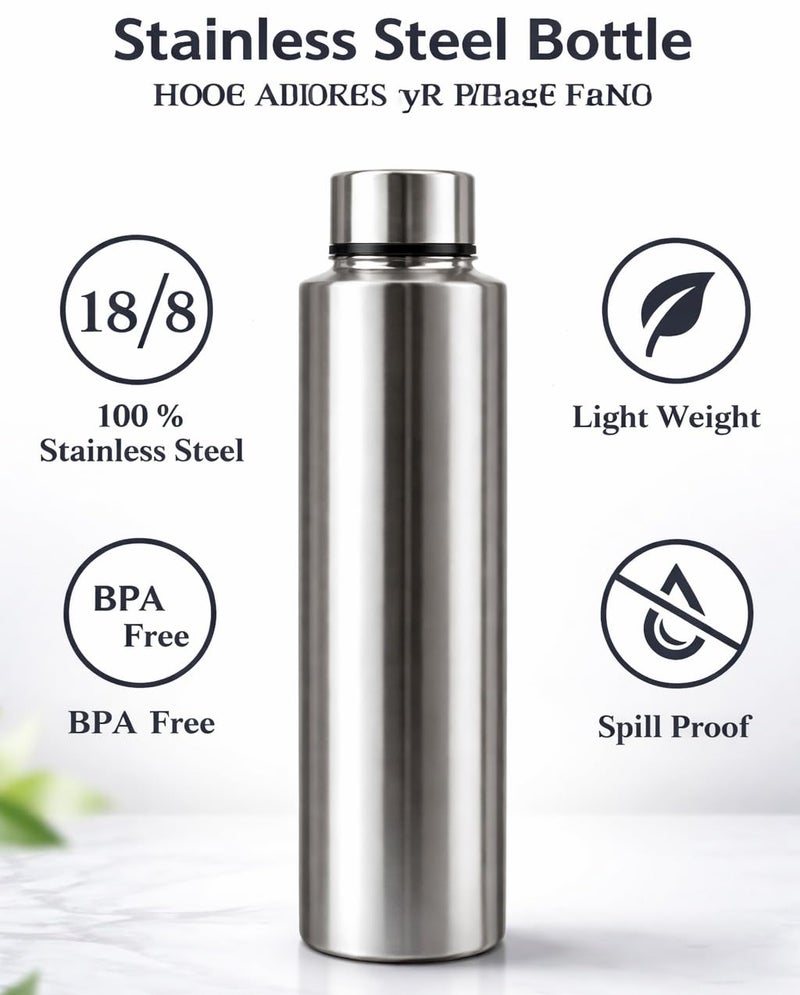 STEEPLE 1000ml Stainless Steel Water Bottle, Fridge Water Bottle Set 1Litre (6) - Image 4