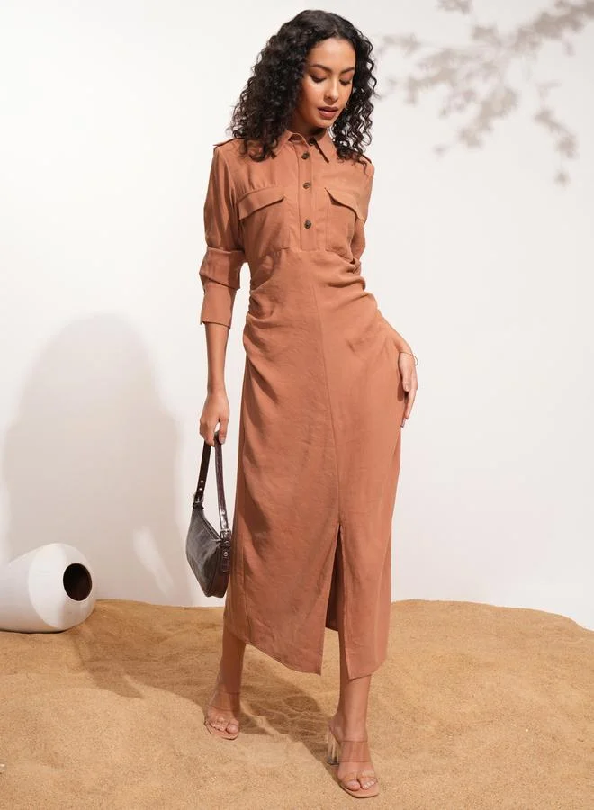 طوكيو توكيز Tokyo Talkies Solid Collared Shirt Midi Dress with Front Slit Detail