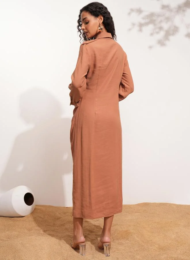 طوكيو توكيز Tokyo Talkies Solid Collared Shirt Midi Dress with Front Slit Detail