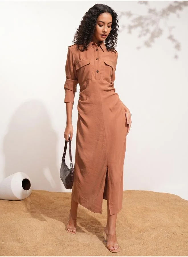 Tokyo Talkies Solid Collared Shirt Midi Dress with Front Slit Detail