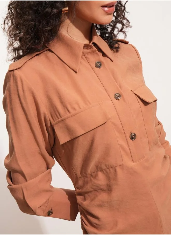 طوكيو توكيز Solid Collared Shirt Midi Dress with Front Slit Detail by Styli