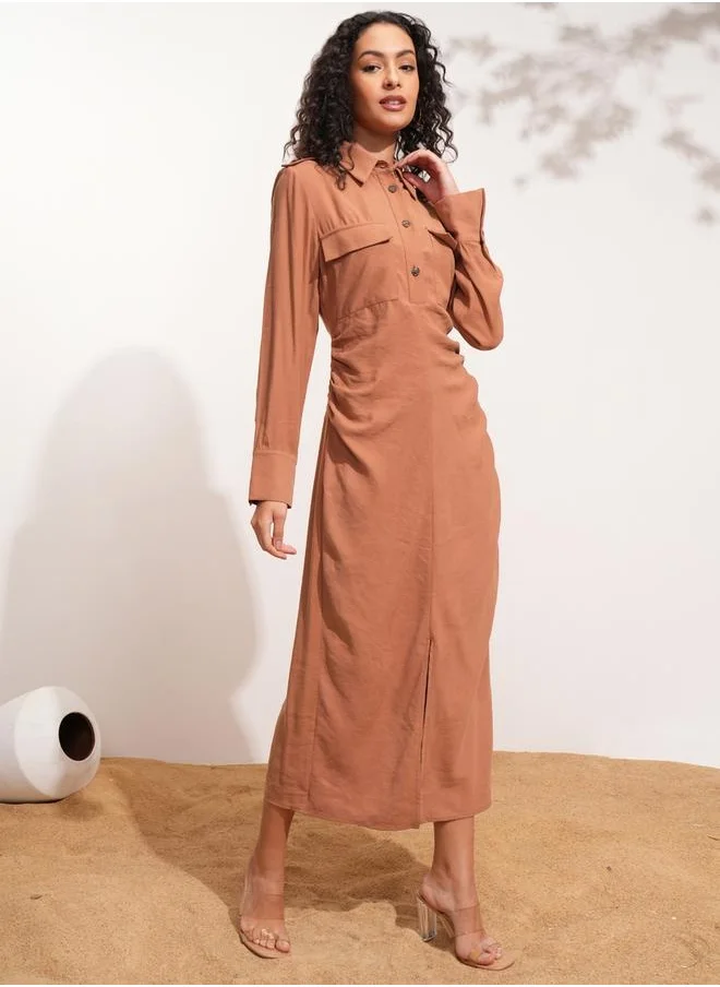 طوكيو توكيز Solid Collared Shirt Midi Dress with Front Slit Detail by Styli