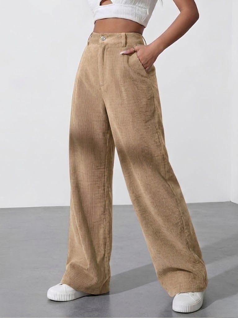SMOWKLY Women's Aesthetic Mid Rise Wide Leg Sweatpant with Pocket || Loose Comfy Elastic Waist Casual Korean Trousers for Woman Elegant Workwear for Office, College & Events (1678_CRM_XXL) Beige - Image 2