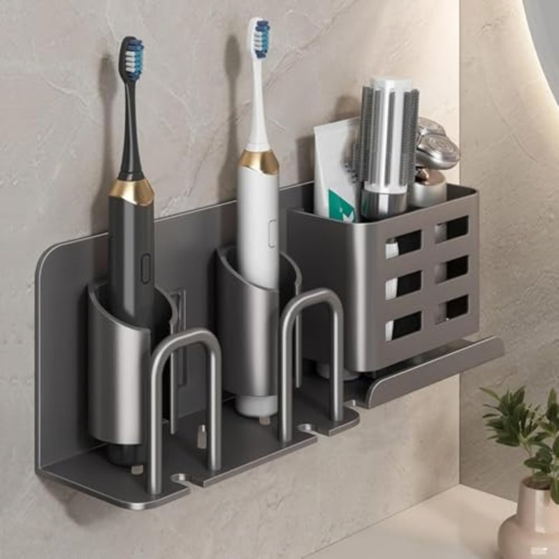Electric Toothbrush Holder Wall Mounted, Rust-Proof Aluminum 2-Slot Organizer with Shelf - Minimalist Bathroom Storage for Small Spaces, Gray - Image 1