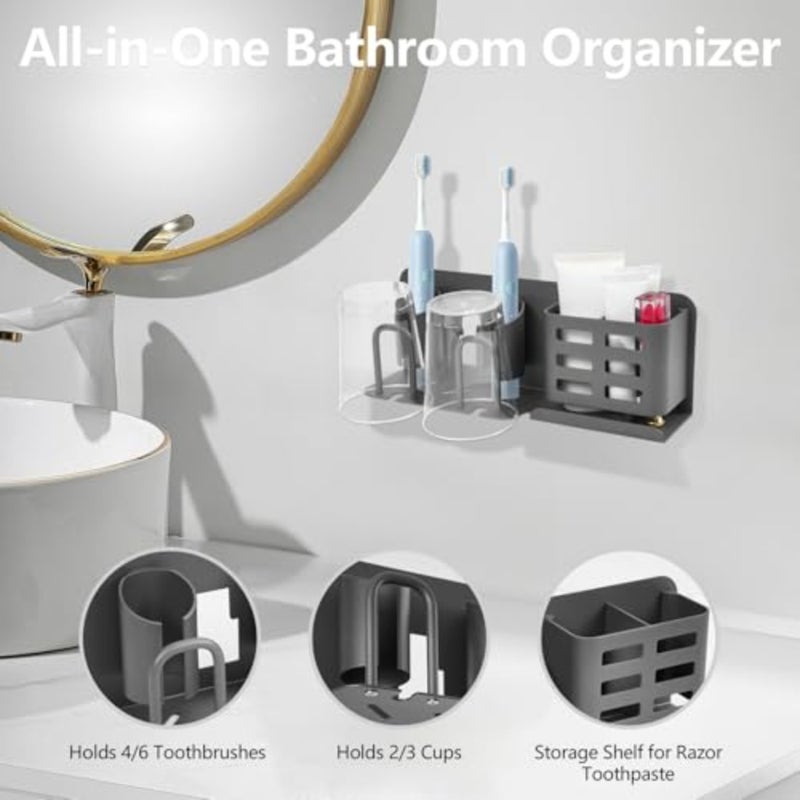 Electric Toothbrush Holder Wall Mounted, Rust-Proof Aluminum 2-Slot Organizer with Shelf - Minimalist Bathroom Storage for Small Spaces, Gray - Image 2
