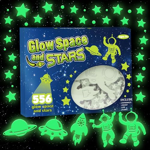 Neasyth 556PCS Glow in The Dark Stars for Ceiling, 3D Glow in The Dark Space Galaxy Stickers Astronaut Rocket Planet Dots Stars for Kids Room Wall Decals Ceiling Decorations Party Birthday Gift (Green) - Image 1