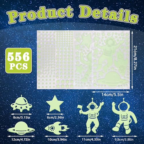 Neasyth 556PCS Glow in The Dark Stars for Ceiling, 3D Glow in The Dark Space Galaxy Stickers Astronaut Rocket Planet Dots Stars for Kids Room Wall Decals Ceiling Decorations Party Birthday Gift (Green) - Image 2