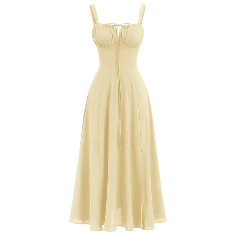 AGYMNX Women's Corset Dress Formal Cocktail Dresses Going Out Casual Sundress Split Thigh Spaghetti Strap Vintage Dress Yellow - Image 1